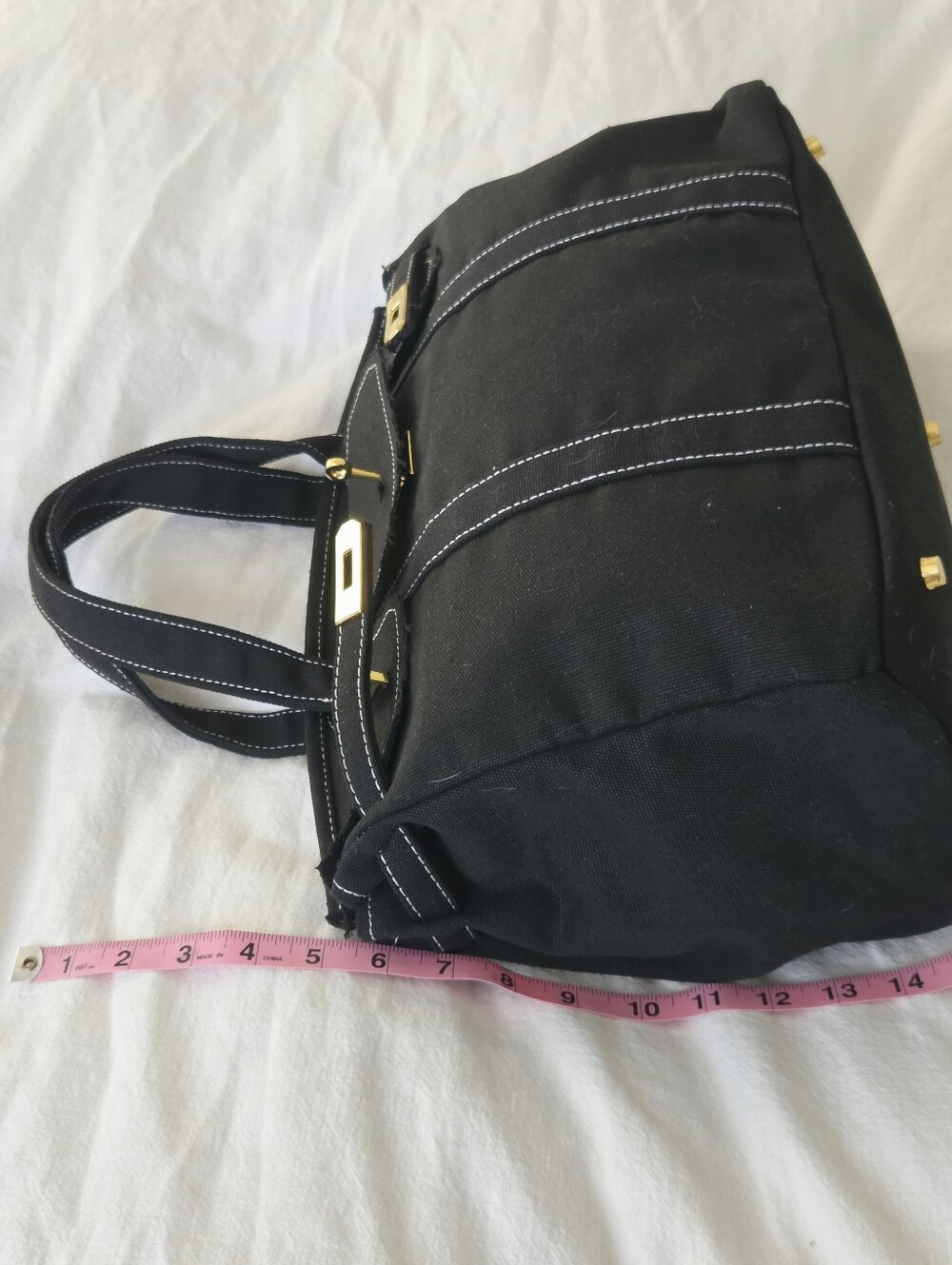 Black Canvas Boatkin Tote With White Stitching And Gold Hardware - Picture 11 of 16